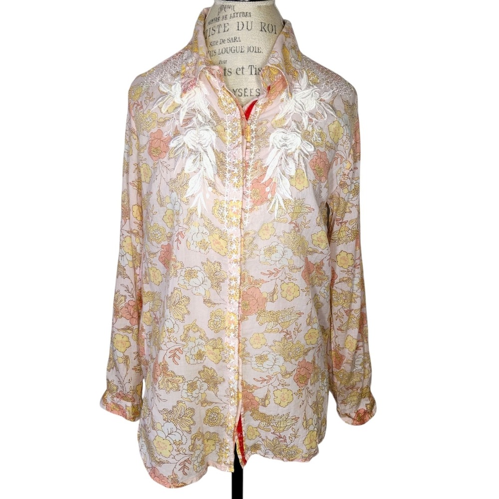 Vintage Goa Pink Floral Button Down Shirt Medium Embroidered Boho Roll Tab Twee